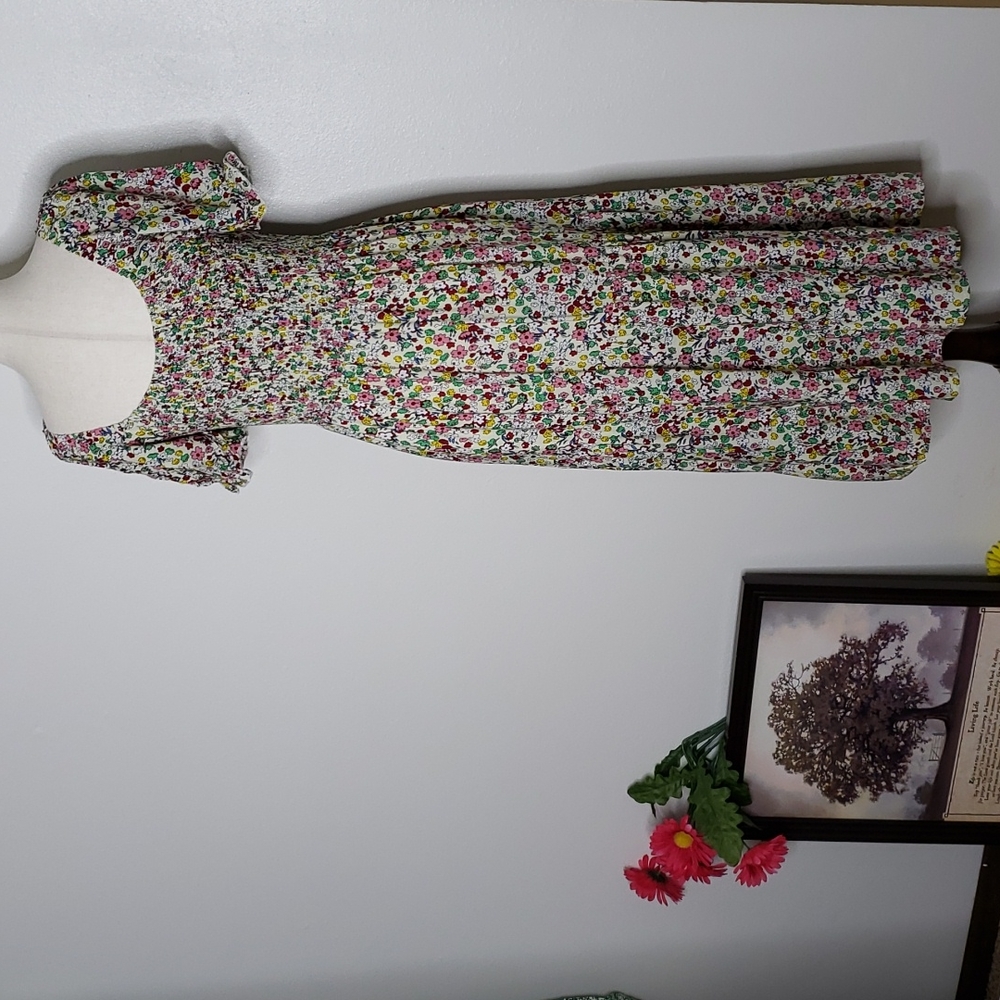 Boutique Boho Summer Floral Midi Dress Ruffle Calico Smocking Bohemian - Picture 13 of 14
